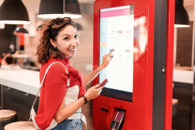 Chica pidiendo comida en un kiosko digital